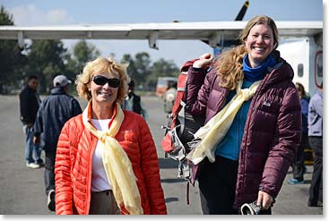 Next morning we were back in Kathmandu.  Wendy and Tina strep off our plane.  Back in the city!