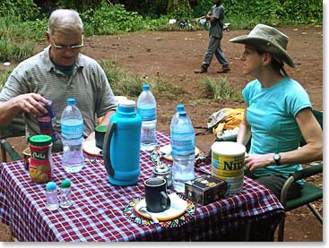 Janet and Bruce enjoying their first meal on the mountain
