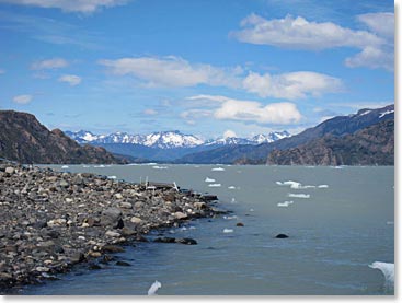 View of Lago Grey (Grey Lake), with fragments of ice floating close to the shore