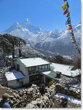 We had fresh snow overnight. After breakfast we walked to upper Pangboche, which is the location of the 500 year old Pangboche Monastery.