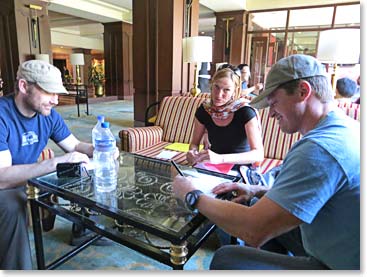 Steve and Dan work on getting their facts right for Billi.  Besides climbing this season and assisting Ms Hawley, Billi is hard at work translating the biography of the remarkable Austrian mountaineer, Gerlinde Kaltenbrunner, the first woman to climb all 14 of the 8,000 meter peaks, and, as of last year the first woman to climb Nuptse.  Billi’s English translation of Gerlinde’s bio will be published by Mountaineers Books in Seattle.