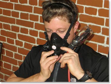 Daniel checking out the fit of his new TopOut Mask