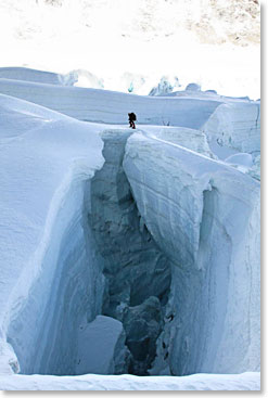 Ice bridge over standard Khumbu crevasse
