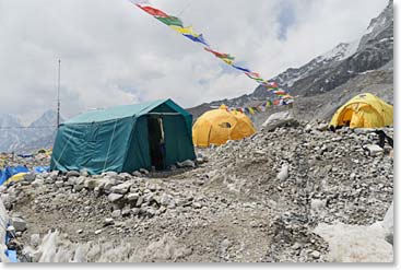 This is our communications tent at Base Camp.  Inside are the VHF radios, the satellite equipment, computers and other things necessary to keep up with our guys on the mountain.