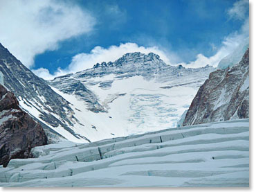 The view from Camp I shows that there are still many crevasses to go and the imposing Lhotse face lies beyond
