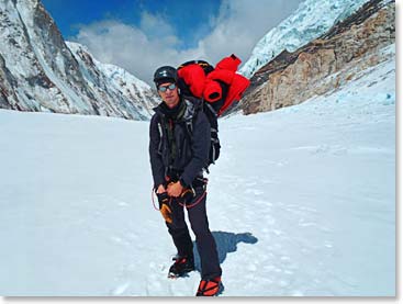 For the move up the Western Cwm between Camp I and II Todd pendleton had his warm down jacket at the top of his pack, just in case.