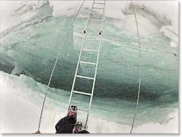 Across a ladder on the way down to Base Camp on Sat., Apr 20th.