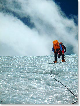 Ascending the fixed lines on a sheet of ice