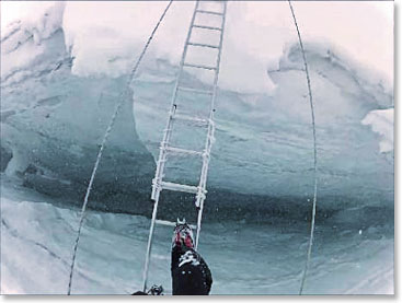 My least favorite crevasse! The ladder bounces, you have to step up where they are tied together, and the ropes are not taut.
