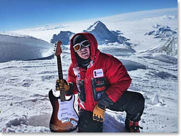 The Alice Cooper signed Fender was a bit heavy to carry all the way to the top, but soon it will be signed by all the climbers and Sherpas as well as Alice, and it will become a priceless keepsake.