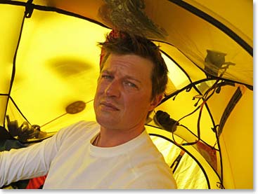 Daniel in his tent on the Lhotse Face