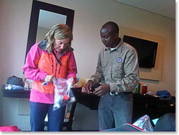 Eric helping Patty make decisions on gear needed for the climb