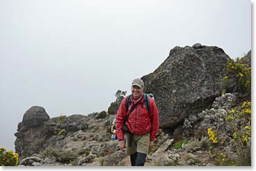 BAI guide Bob Birkby strolling through Barafu Camp