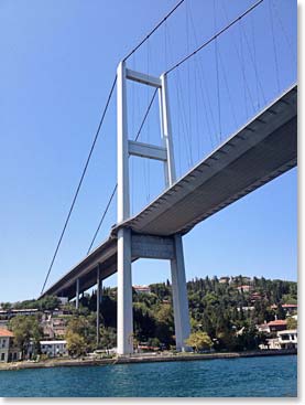 The Bosphorus Bridge crosses the Bosphorus river connecting Istanbul Europe to Istanbul Asia