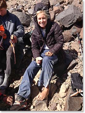 Kelley worked from bare foot outward when she fit her crampons