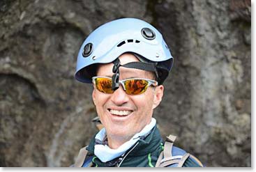 We put helmets on for the Barranco Wall. Todd was not sure how his went on at first.