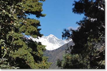 Our first view of Everest, from just past the bridge.  It is a rare day when the skies are so clear in the afternoon that you can see this view.