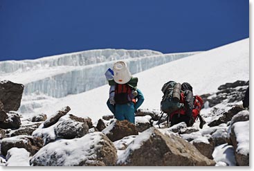 The team reported there was heavy snow at the top and at the crater which makes for challenging climbing conditions.