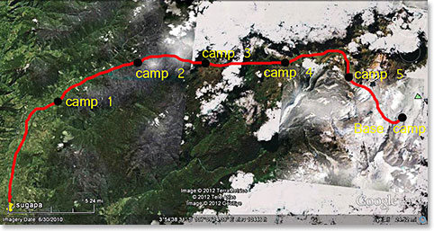 A map of the trek to Carstensz Pyramid. The group travelled from Sugapa to Camp 1 after their two flights from Bali.