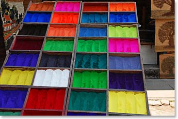 Colorful items are found throughout Kathmandu. Like this selection of natural dyes.