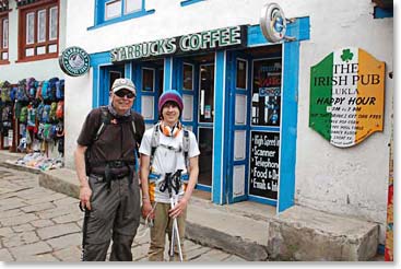Jim Brown and his grandson Jackson outside of the Lukla Starbucks