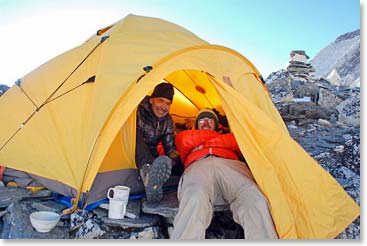 Frank and Travis enjoying their cozy tent