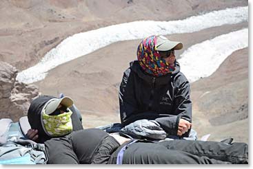 Katie and Jo relaxing at Camp Canada underneath all those “Buffs”