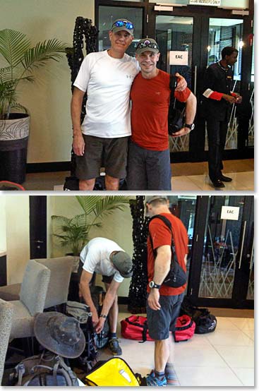 Rob and David prepare at their hotel in Arusha