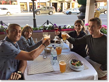 Our first meal in Russia - micro brews, salads, stroganoff, mushrooms and potatoes on the street on Nevsky Prospect