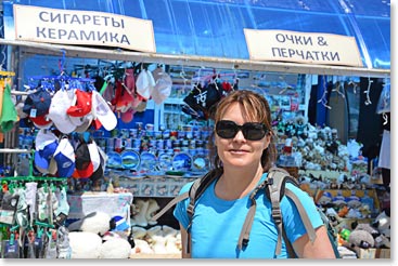 Kristen checking out the shops at Cheget base area