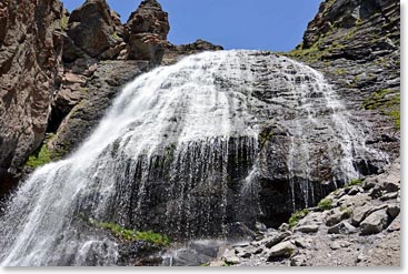 Our first stop on our hike above the village of Terskol today was a beautiful waterfall