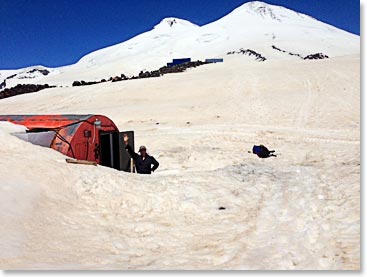 We arrived at our barrel today and it looks cozy! We moved in our climbing gear and took a walk on the glacier to acclimatize today. We will return to the valley to sleep tonight (one more sauna before the summit push!)
