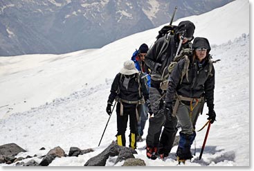 Heather leads the team lower on the mountain.