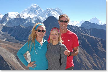Scot, Alyssa and Keely with Everest, Nuptse and Lhotse right behind them