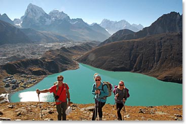 Hiking up Gokyo Ri with Cholatse and Twouche Peak looking across Gokyo Lake