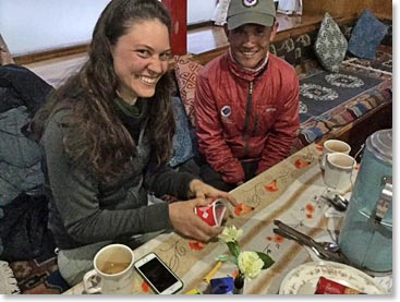The Himalayan hotel in Pheriche, we are at 14,000 feet! Leah and Jyeta enjoying a game of cards in our cozy lodge.
