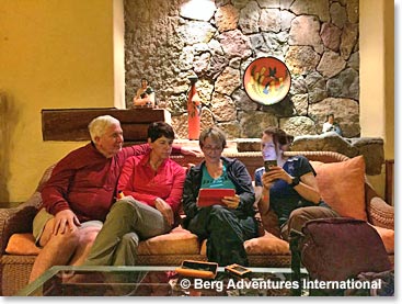 Tim, Terri, Margaret and Sam taking advantage of the wireless at Thermas.