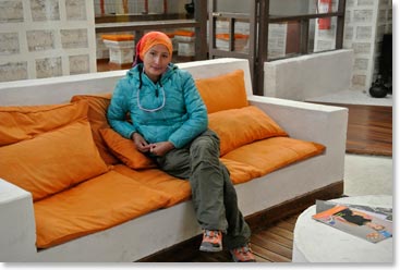 Maria enjoying the lobby at the Palacio de Sal, Salar de Uyuni