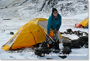 Getting our gear organized at Condoriri Base Camp for Cabeza de Condor summit day