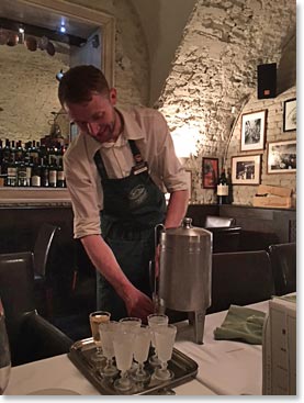 Chilled apple liquor after dinner at Stroganoff Steak House