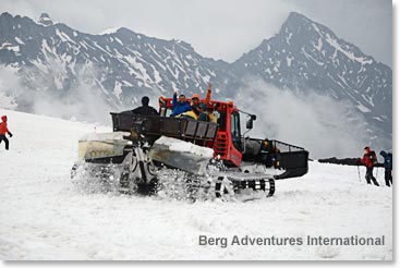 We loaded on to the snowcat for a ride down to the chairlifts in inclement weather this morning. Very glad that we had made the decision to move our summit day up to yesterday 
