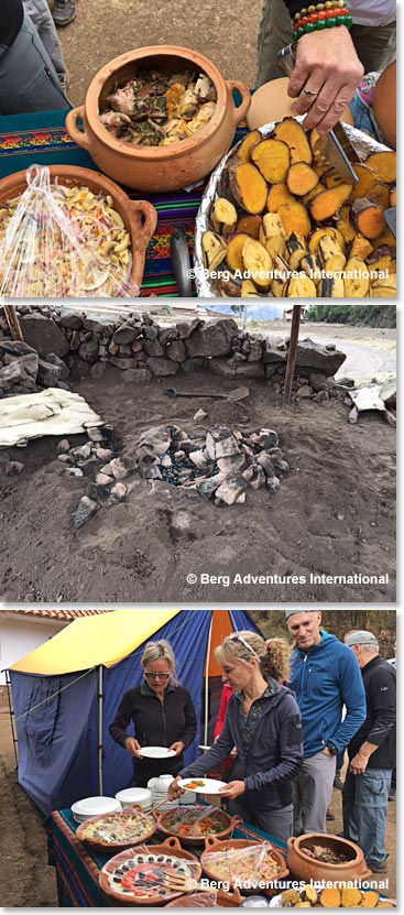 Our lunch was prepared pachamama style.   Barbecue buried in the ground. We had four kinds of meat: chicken, guinea pig, lamb and pork  and two kinds of potatoes, as well as sweet potatoes and plantains