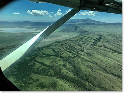 Flying over Lake Manyara and the Gregory Wall of the Great Rift Valley