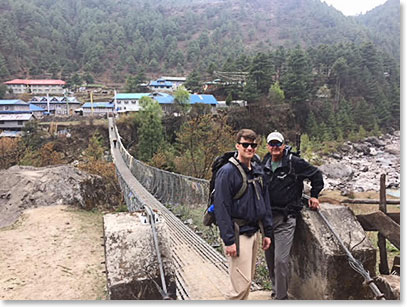 Crossing our first big bridge – across the Dudh Kosi River at Phakding