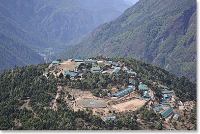Looking down on National Park Headquarters from our hike to Khunde