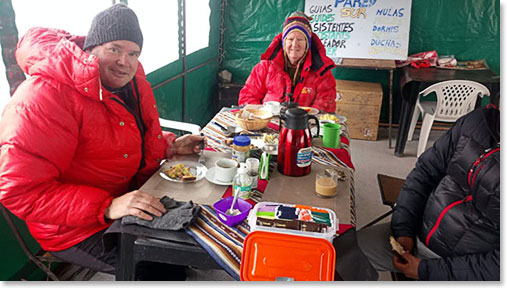 Our first dinner at Plaza de Mulas, 14,400 feet