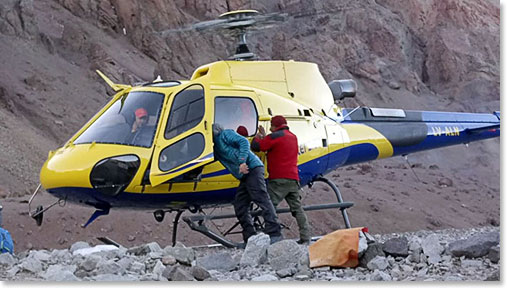 John, Rick and Sergio flew out from Plaza de Mulas by helicopter this morning.  Osvi and Maria will come behind with the mules and everyone will be in Mendoza tonight!