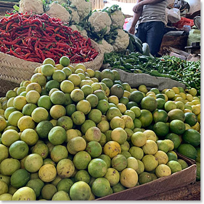 Limes, chilies, cauliflower, just of the variety of fruit and vegetable available at the market