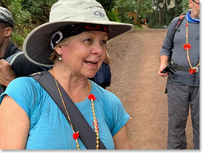 Tracey arriving at Mweka Gate after a successful summit success