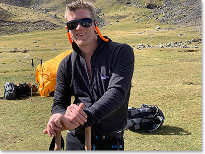 Tim Young at base camp after his successful summit
